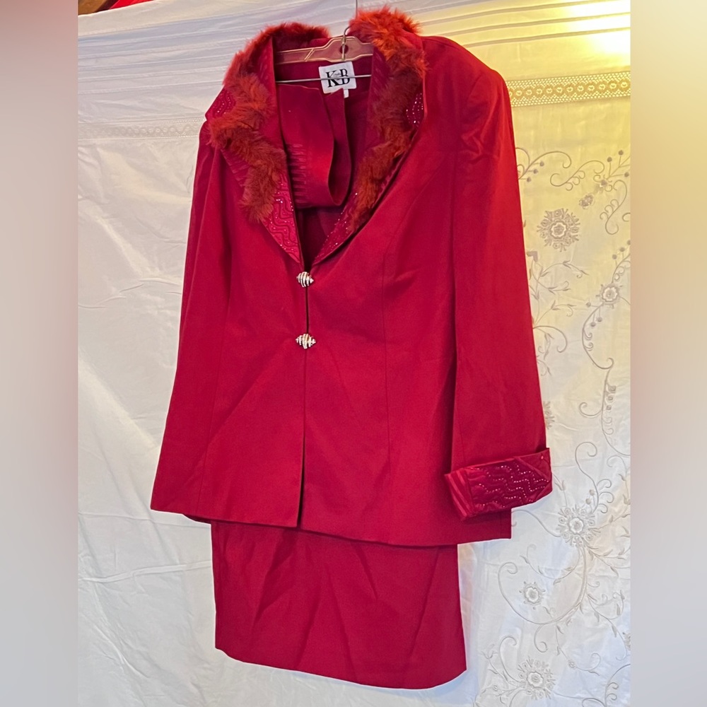 K B Vintage 1980s Red Beaded Suit Jacket and Skirt with faux fur size 24